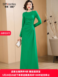 Elegant Long Green Dress Womens Fashionable Autumn Winter New Arrival Ditherrunchi A-Line Skirt Cotton Nylon Spandex Blend