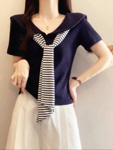AIYITI | Age-reducing Striped Bowtie Navy Collar Short Sleeve T-Shirt