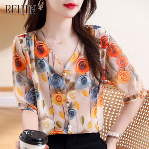 REHIN New Summer Silk V-Neck Short Sleeve Shirt Slimming Age-Reducing Breathable Pullover Chffon Blouse with 3D Print Women Top