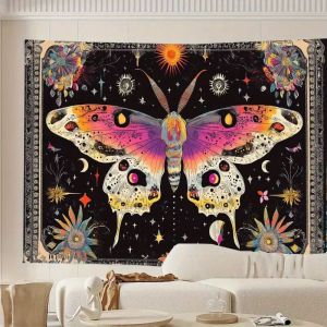 VIKAMA Boho Bướm Đêm Tấm Thảm Đầy Màu Sắc Bướm Thiên Thể Mặt Trời Mặt Trăng Sao Hoa Nền Đen Treo Tường Witchy Nghệ Thuật Treo Tường Trang Trí