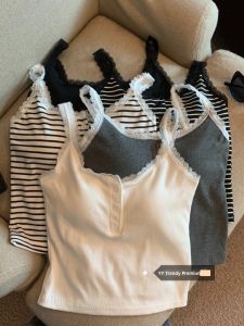 Design Sensation Small Audience Lace Patchwork Striped Camisole Winter Vest Button up Inner Wear Womens Fashion Top