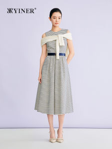 Round Neck Striped Silk Texture Waist Cinching Dress