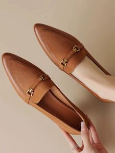 Womens mid Heel Thick Heel Loafers Autumn Winter Retro New Genuine Leather Pointed Toe Spring Summer Fashion Single Shoes