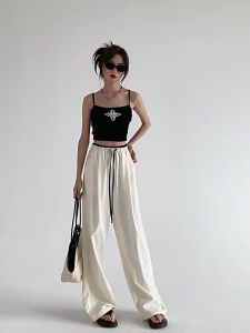 ST341 M-2XL Women Korean Style Long Pants New Loose Casual Wide Leg Long Pants Plain Color Block Pants 宽松肌理感撞色直筒休闲运动裤