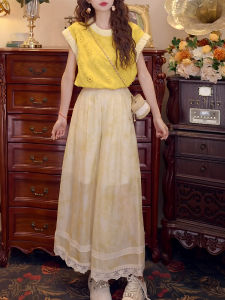 Shalldoer | Bộ đồ hai mảnh thời trang mùa hè cổ tròn màu tương phản khoét rỗng tay áo ren quần dài thường ngày cho nữ