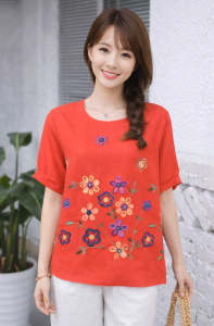 Stella Fashion Plus size Women Round Neck Short Sleeve Embroidery Flower Top Middle aged and elderly Ladies Blouse
