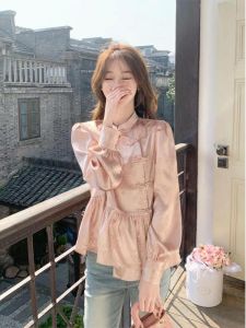 WANGGONGZHU | New Chinese Style Button Up Shirt Women Spring Autumn Small Size Elegant Design Korean Commute Style Straight Cut Long Sleeve