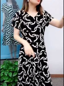 5XL Short Sleeve Summer Dress Womens Mid Length New Dress Fashion Floral Print Mothers V-neck Elegant Dress