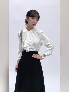 AMMIN 2024 Autumn new French ribbon stand collar long-sleeved single-breasted commuter chiffon blouse Korean style casual solid color elegant blouse for women