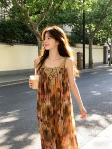 CHANGTONG | Vintage Boss Lady Style Tea Dress Loose Long Dress for Beach Photography Holiday Summer
