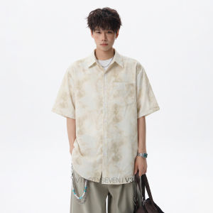 V37 | Guochao Ink Washed Short Sleeve Shirt Light and Breathable