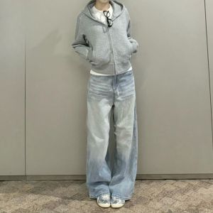 Quần Jeans Denim Xanh Nhạt Cạp Cao Ống Rộng Dài Đến Sàn Cho Nữ Quần Jeans Denim Cao Cấp Thời Trang Mùa Xuân 2024