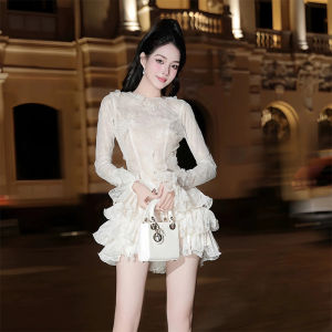 French Lace Flared Hem Women Dress Fall Elegant Slimming