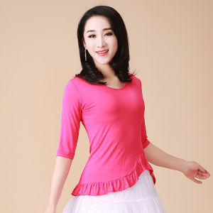 New Modale Lace Trim Dance Top Womens Latin Modern Dance Practice Uniform Chicken Heart Collar Cotton round Neck Fitness Sportswear