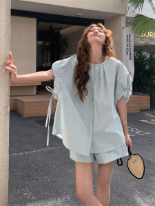 Elegant Blue Shirt Shorts Set Womens Summer 2025 New Small Size Two Piece Slimming Trendy Casual Style round Neck Button up