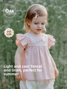 OAK FAMILY | Oak Family Summer New Loose Sleeveless Round Neck Top For Baby Girls Tencel Linen Childrens Clothing Short Sleeve Flying Sleeve