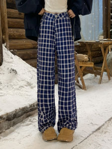 High Waist Plaid Casual Pants Womens Loose Lazy Style American Black White Wide Leg Long Pants Female Comfortable Straight Leg Trousers