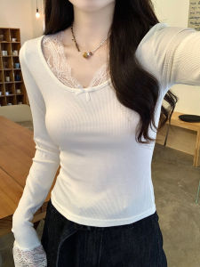 French Style Lace Lace Long-Sleeved T-Shirt Womens Early Autumn Bows round Neck Bottoming Shirt Inner Wear Slim-Fit Crop-Top