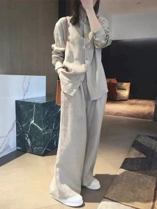 Classy Temperament Pure Color Linen Shirt Outfit Female Autumn Leisure Loose Pants a Set of Slim Looking Cotton and Linen Two-Piece Suit