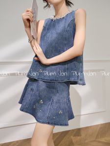 PlumJan | Summer Washed Blue Stylish Rivet Denim Two-piece Set