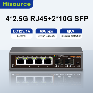 Hisource 4 Port 2.5G Ethernet Switch None POE Network Switch with 2 Port 10G SFP+ Unmanaged Plug and Play