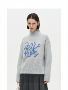 High Neck Warm Loose 3D Rope Embroidery Wool Blend Knitwear