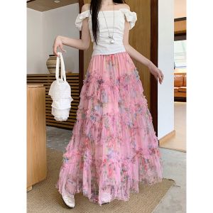 French Fashion Vacation New Retro Mesh Flower Pearl Irregular Skirt Cake Skirt Womens High Waist Ruffle Edge Pleated Long Skirt