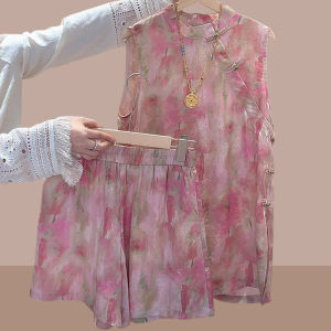 Shalldoer | New Chinese Style High-End Pink Vest Set Women Summer Buttonless Sleeveless Top Shorts Two-Piece Set Round Neck Button Closure