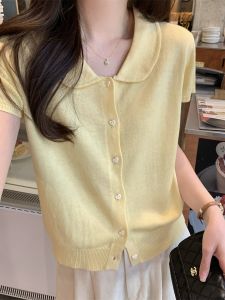 เสื้อสเวตเตอร์ถักคอตุ๊กตาผ้าขนสัตว์แขนสั้นผู้หญิงฤดูร้อนสไตล์เกาหลีหวานลดอายุเสื้อตัวบนแบบสวมหัว