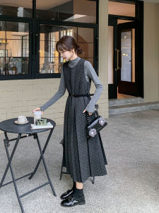 Gray Woolen Polka Dot Vest Skirt Set Womens Winter Autumn Fashion Dress High Waist A-Line Skirt Two-Piece Suit Commute Style