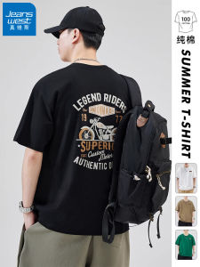 Zhenvis Heavy Weight Print Short Sleeve T-Shirt round Neck Boys Summer American Youth Black Pure Cotton Mens Jacket