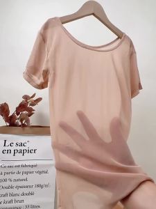 Ultra-Thin Nude Short-Sleeve Womens T-Shirt Tight Mesh Top Black Base Shirt Transparent Lace Upper Body Summer Fashion