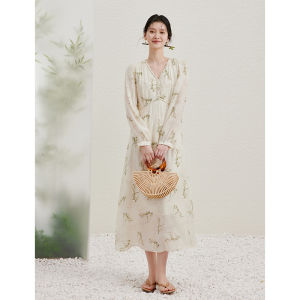 Yigue | Traditional Light Style Woven V-neck Print Dress