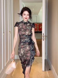 ZY·HT Women Classic Dress Trendy Bodysuit Lotus Leaf Side Slim Cheongsam Lace Fabric Party Vintage Dinner Dress 10467