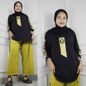 Setelan Baju Dan Celana Cargo Smile Set Kaos Katun Combed 24s M L XL XXL 3XL Oneset Wanita Kekinian