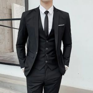 2025 Suit (Blazer+ Vest + Pants) Mens Fashion Business Outdoor Trend Solid Color Casual Slim-fit Wedding Host Gentleman Suit