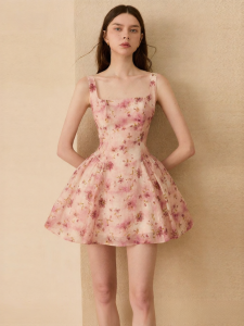 D-PLAY | Short Pink Floral Print Dress French Style Petite Fitted Summer