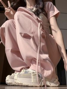 กางเกงขายาวทรงหลวมสีชมพูสำหรับผู้หญิง ทรงหลวม กางเกงขายาวทรงหลวมเอวสูงแห้งเร็ว กางเกงขายาวทรงหลวมสำหรับฤดูร้อน