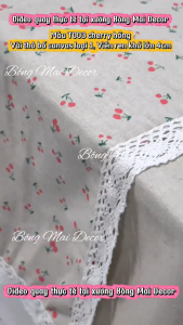 Khăn trải bàn vải canvas VIỀN REN họa tiết CHERRY HỒNG phong cách Nhật Bản nhẹ nhàng vintage [T003]