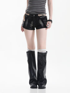 zuocisankon | Distressed Vintage Washed Denim Shorts with Zipper Deconstructed Hip-hugging