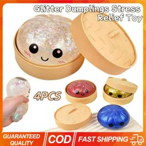 Aitemay 4PCS Glitter Dumplings Stress Relief Toy Cute Steamed Bun Squishy Toy with Steamer Box Fidget Toy Premium Soft Slow Resilience Stress Relief Sensory Squeeze Toy
