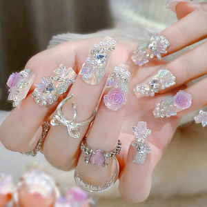 【With Glue】Ready Stock Female Mid-length Fake Nail Pearls and Butterflies Artificial Nail for Women and Girl Party Activity