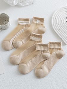 Stockings Womens Short Summer Thin Crystal Socks Ice Silk Glass Steel Wire Breathable Flesh-Colored Socks Cotton Bottom Transparent Non Slip