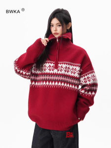 BWKA | New Year Red Half Zip Pullover Sweater Heavy Weight Lazy Style Warm Knitwear
