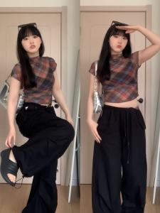 Áo Thun Tay Ngắn Cổ Cao Ôm Vừa Vặn Mùa Hè Cho Nữ Cỡ Lớn Họa Tiết Kẻ Caro Phong Cách Retro Dáng Ôm Hở Bụng