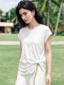 Basic House | Round Neck Flying Sleeves White Summer Twisted Design Tee