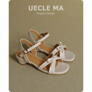 MASHUJIA | Leather Womens Sandals Bowknot Medium Heel Comfortable Elegant