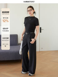Juxiu Studio High Waist Straight Leg Pants Wide Leg Casual Long Trousers for Plump Women Structural Style Comfortable Fit