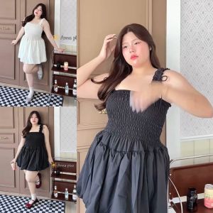 A207 เดรสเกาะอก สาวอวบ กระโปรงทรงบอลลูน  สม็อครอบตัว อกได้ถึง 52 นิ้ว