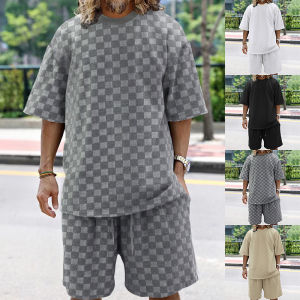 Mens Summer Oversized Chessboard Plaid Two-Piece Set European American Fashion Loose Sports Leisure Brand